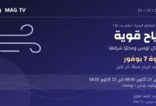 بطاقة MAG TV تحمل شعار القناة الأصلي وتلخّص إعلام الرياح البحرية عدد 160: قوة 7 بوفور شمال تونس ومحليًا شرقها من 21 أكتوبر 2026 الساعة 8 صباحًا إلى 22 أكتوبر الساعة 8 صباحًا بتوقيت تونس.