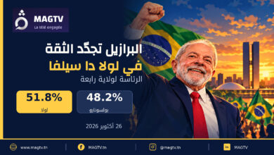 بطاقة MAG TV حول فوز لولا دا سيلفا في البرازيل، بخط Changa وشعار القناة الأصلي، مقاس Web